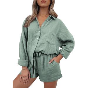 AUTOMET 2 Piece Sets For Women Lounge Wear Matching Two Piece Pajama Fashion Oversized Shirts And Shorts Spring Outfit 2025(01green)