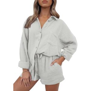 AUTOMET 2 Piece Sets For Women Lounge Wear Matching Two Piece Pajama Fashion Oversized Shirts And Shorts Spring Outfit 2025(01grey)