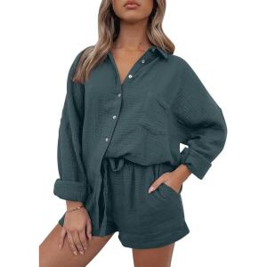 AUTOMET 2 Piece Sets For Women Lounge Wear Matching Two Piece Pajama Fashion Oversized Shirts And Shorts Spring Outfit 2025(01greyblue)