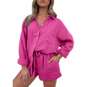 AUTOMET 2 Piece Sets For Women Lounge Wear Matching Two Piece Pajama Fashion Oversized Shirts And Shorts Spring Outfit 2025(01hotpink)