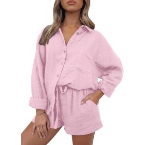 AUTOMET 2 Piece Sets For Women Lounge Wear Matching Two Piece Pajama Fashion Oversized Shirts And Shorts Spring Outfit 2025(01pink)