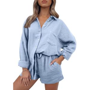 AUTOMET 2 Piece Sets For Women Lounge Wear Matching Two Piece Pajama Fashion Oversized Shirts And Shorts Spring Outfit 2025(01skyblue)
