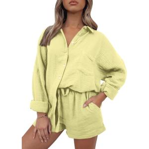 AUTOMET 2 Piece Sets For Women Lounge Wear Matching Two Piece Pajama Fashion Oversized Shirts And Shorts Spring Outfit 2025(01yellow)