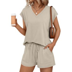 AUTOMET 2 Piece V Neck Cap Sleeve Shirt and Shorts Set Womens Matching Summer Lounge Sets(Khaki)