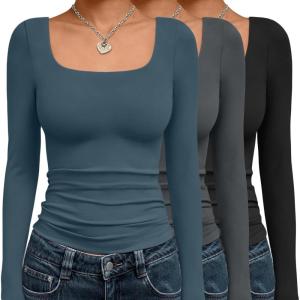 AUTOMET 3 Pack Womens Long Sleeve Shirts Fall Fashion Scoop Neck Crop Tops Basic Layer Slim Fit Y2K Clothes(Black grey haze Blue)