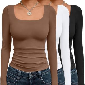 AUTOMET 3 Pack Womens Long Sleeve Shirts Fall Fashion Scoop Neck Crop Tops Basic Layer Slim Fit Y2K Clothes(Black white brown)