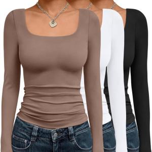 AUTOMET 3 Pack Womens Long Sleeve Shirts Fall Fashion Scoop Neck Crop Tops Basic Layer Slim Fit Y2K Clothes(Black white coffee Grey)