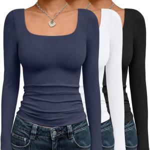 AUTOMET 3 Pack Womens Long Sleeve Shirts Fall Fashion Scoop Neck Crop Tops Basic Layer Slim Fit Y2K Clothes(Black white navy)
