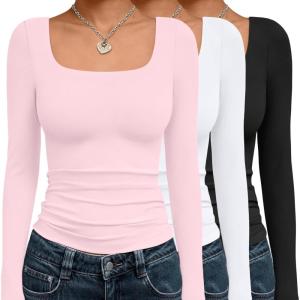 AUTOMET 3 Pack Womens Long Sleeve Shirts Fall Fashion Scoop Neck Crop Tops Basic Layer Slim Fit Y2K Clothes(Black white pink)