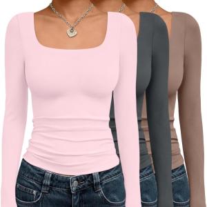 AUTOMET 3 Pack Womens Long Sleeve Shirts Fall Fashion Scoop Neck Crop Tops Basic Layer Slim Fit Y2K Clothes(Pink grey coffee Grey)