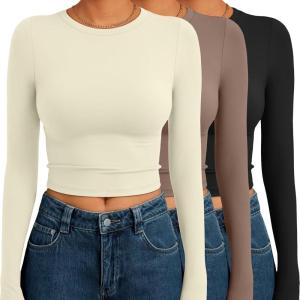 AUTOMET 3 Pack Womens Long Sleeve Shirts Y2K Going Out Crop Tops Cute Basic Slim Fitted Fall Fashion Outfits 2025 Clothes(Apricotcoffegreyblack)