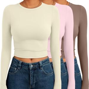 AUTOMET 3 Pack Womens Long Sleeve Shirts Y2K Going Out Crop Tops Cute Basic Slim Fitted Fall Fashion Outfits 2025 Clothes(Apricotpinkcoffegrey)