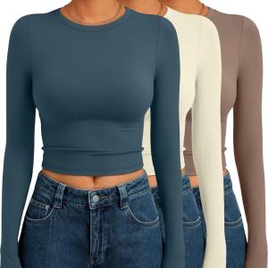 AUTOMET 3 Pack Womens Long Sleeve Shirts Y2K Going Out Crop Tops Cute Basic Slim Fitted Fall Fashion Outfits 2025 Clothes(Blueapricotcoffegrey)