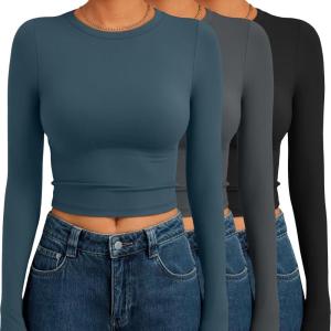 AUTOMET 3 Pack Womens Long Sleeve Shirts Y2K Going Out Crop Tops Cute Basic Slim Fitted Fall Fashion Outfits 2025 Clothes(Bluegreybalck)