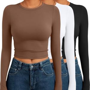 AUTOMET 3 Pack Womens Long Sleeve Shirts Y2K Going Out Crop Tops Cute Basic Slim Fitted Fall Fashion Outfits 2025 Clothes(Brownwhiteblack)