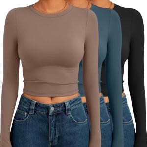 AUTOMET 3 Pack Womens Long Sleeve Shirts Y2K Going Out Crop Tops Cute Basic Slim Fitted Fall Fashion Outfits 2025 Clothes(Coffegreyblueblack)