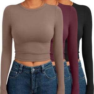 AUTOMET 3 Pack Womens Long Sleeve Shirts Y2K Going Out Crop Tops Cute Basic Slim Fitted Fall Fashion Outfits 2025 Clothes(Coffegreywineredblack)