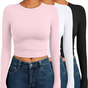 AUTOMET 3 Pack Womens Long Sleeve Shirts Y2K Going Out Crop Tops Cute Basic Slim Fitted Fall Fashion Outfits 2025 Clothes(Pinkwhiteblack)