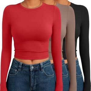 AUTOMET 3 Pack Womens Long Sleeve Shirts Y2K Going Out Crop Tops Cute Basic Slim Fitted Fall Fashion Outfits 2025 Clothes(Redcoffegreyblack)