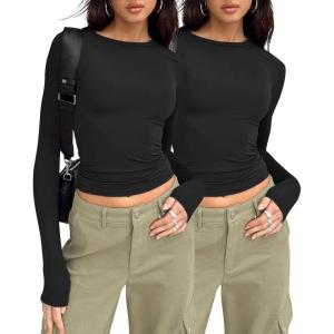 AUTOMET 3 Pack Womens Long Sleeve T Shirts Fall Fashion Basic Going Out Crop Tops Slim Fitted Winter Clothes 2025(Black black)