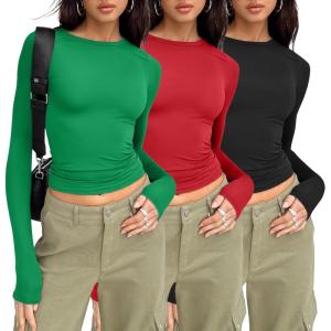 AUTOMET 3 Pack Womens Long Sleeve T Shirts Fall Fashion Basic Going Out Crop Tops Slim Fitted Winter Clothes 2025(Black red green)