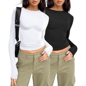 AUTOMET 3 Pack Womens Long Sleeve T Shirts Fall Fashion Basic Going Out Crop Tops Slim Fitted Winter Clothes 2025(Black white)