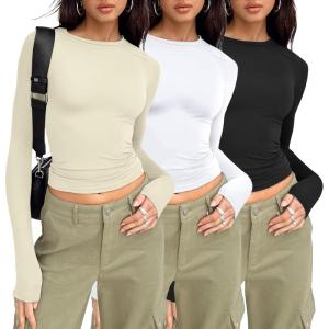 AUTOMET 3 Pack Womens Long Sleeve T Shirts Fall Fashion Basic Going Out Crop Tops Slim Fitted Winter Clothes 2025(Black white apricot)