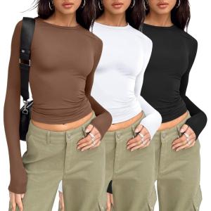 AUTOMET 3 Pack Womens Long Sleeve T Shirts Fall Fashion Basic Going Out Crop Tops Slim Fitted Winter Clothes 2025(Black white brown)