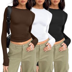 AUTOMET 3 Pack Womens Long Sleeve T Shirts Fall Fashion Basic Going Out Crop Tops Slim Fitted Winter Clothes 2025(Black white chocolate)