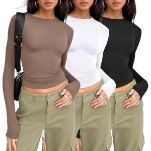 AUTOMET 3 Pack Womens Long Sleeve T Shirts Fall Fashion Basic Going Out Crop Tops Slim Fitted Winter Clothes 2025(Black white coffee Gray)