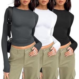 AUTOMET 3 Pack Womens Long Sleeve T Shirts Fall Fashion Basic Going Out Crop Tops Slim Fitted Winter Clothes 2025(Black white gray)
