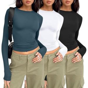 AUTOMET 3 Pack Womens Long Sleeve T Shirts Fall Fashion Basic Going Out Crop Tops Slim Fitted Winter Clothes 2025(Black white haze Blue)
