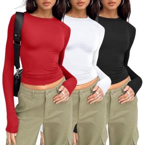 AUTOMET 3 Pack Womens Long Sleeve T Shirts Fall Fashion Basic Going Out Crop Tops Slim Fitted Winter Clothes 2025(Black white red)