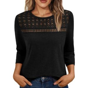AUTOMET 3/4 Length Sleeve Womens Tops Lace Business Dressy Casual Blouses Spring Summer Fall Trendy Cute Work T Shirts(Black)