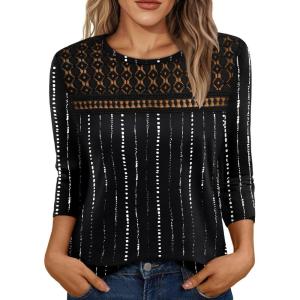 AUTOMET 3/4 Length Sleeve Womens Tops Lace Business Dressy Casual Blouses Spring Summer Fall Trendy Cute Work T Shirts(Black Stripe)