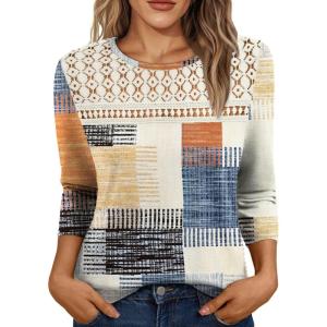 AUTOMET 3/4 Length Sleeve Womens Tops Lace Business Dressy Casual Blouses Spring Summer Fall Trendy Cute Work T Shirts(Colorful Plaid)