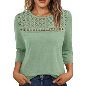 AUTOMET 3/4 Length Sleeve Womens Tops Lace Business Dressy Casual Blouses Spring Summer Fall Trendy Cute Work T Shirts(Lightgreen)