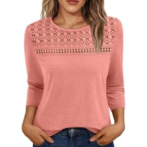 AUTOMET 3/4 Length Sleeve Womens Tops Lace Business Dressy Casual Blouses Spring Summer Fall Trendy Cute Work T Shirts(Pink)