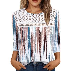 AUTOMET 3/4 Length Sleeve Womens Tops Lace Business Dressy Casual Blouses Spring Summer Fall Trendy Cute Work T Shirts(White Tie Dye)