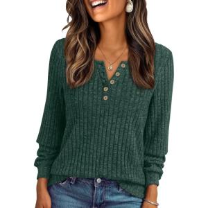 AUTOMET Long Sleeve Henley Shirts Women’s Business Casual Lightweight Tunic Sweater Tops(Dark Green)