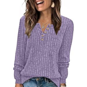 AUTOMET Long Sleeve Henley Shirts Women’s Business Casual Lightweight Tunic Sweater Tops(Light Purple)