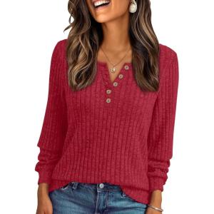 AUTOMET Long Sleeve Henley Shirts Women’s Business Casual Lightweight Tunic Sweater Tops(Red)