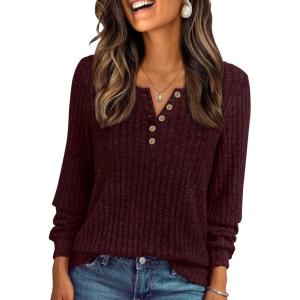 AUTOMET Long Sleeve Henley Shirts Women’s Business Casual Lightweight Tunic Sweater Tops(Wine)