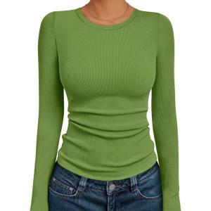 AUTOMET Long Sleeve Shirts Blouses Fall Fashion Ribbed Basic Tops Winter Clothes(Avocado Green)
