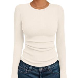 AUTOMET Long Sleeve Shirts Blouses Fall Fashion Ribbed Basic Tops Winter Clothes(Beige)