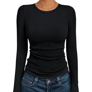 AUTOMET Long Sleeve Shirts Blouses Fall Fashion Ribbed Basic Tops Winter Clothes(Black)