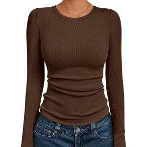 AUTOMET Long Sleeve Shirts Blouses Fall Fashion Ribbed Basic Tops Winter Clothes(Brown)