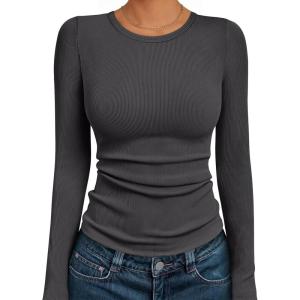 AUTOMET Long Sleeve Shirts Blouses Fall Fashion Ribbed Basic Tops Winter Clothes(Charcoal)