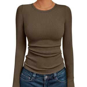 AUTOMET Long Sleeve Shirts Blouses Fall Fashion Ribbed Basic Tops Winter Clothes(Coffee)