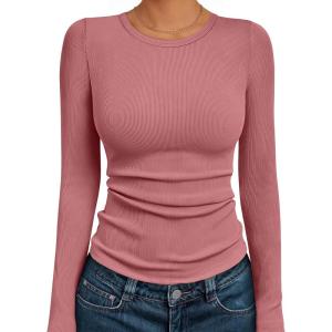AUTOMET Long Sleeve Shirts Blouses Fall Fashion Ribbed Basic Tops Winter Clothes(Coral)